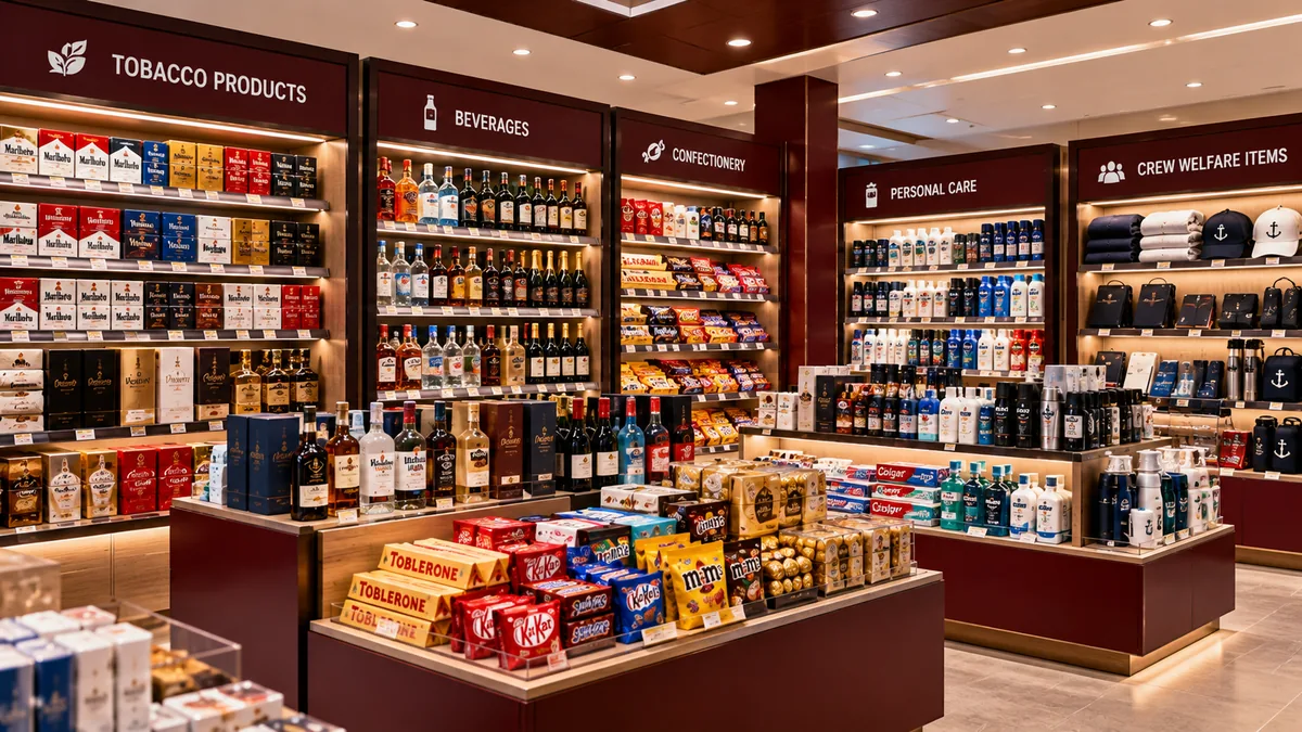 Bonded store shelves with tobacco products, beverages and crew welfare items