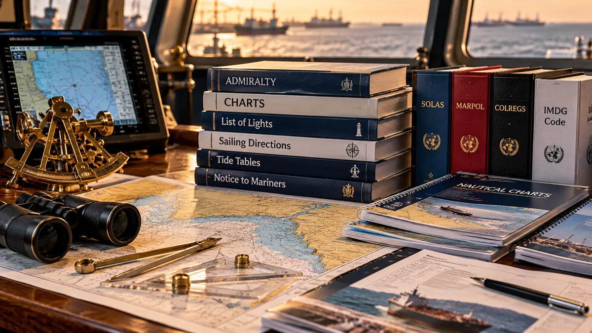 Nautical charts and publications with binoculars and dividers on a chart table