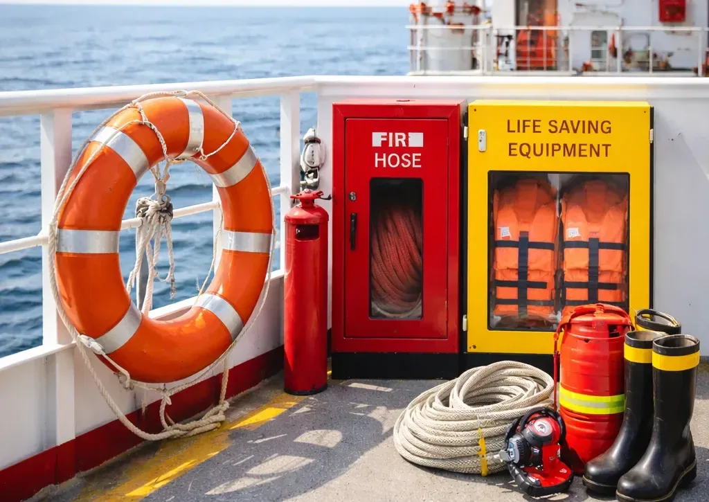Lifebuoy, fire hose cabinet and life-saving equipment on a ship's deck
